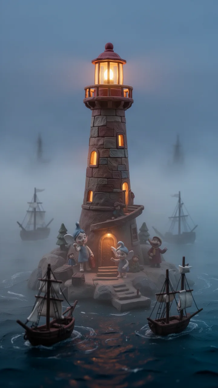 A handmade clay lighthouse glowing above a miniature harbour