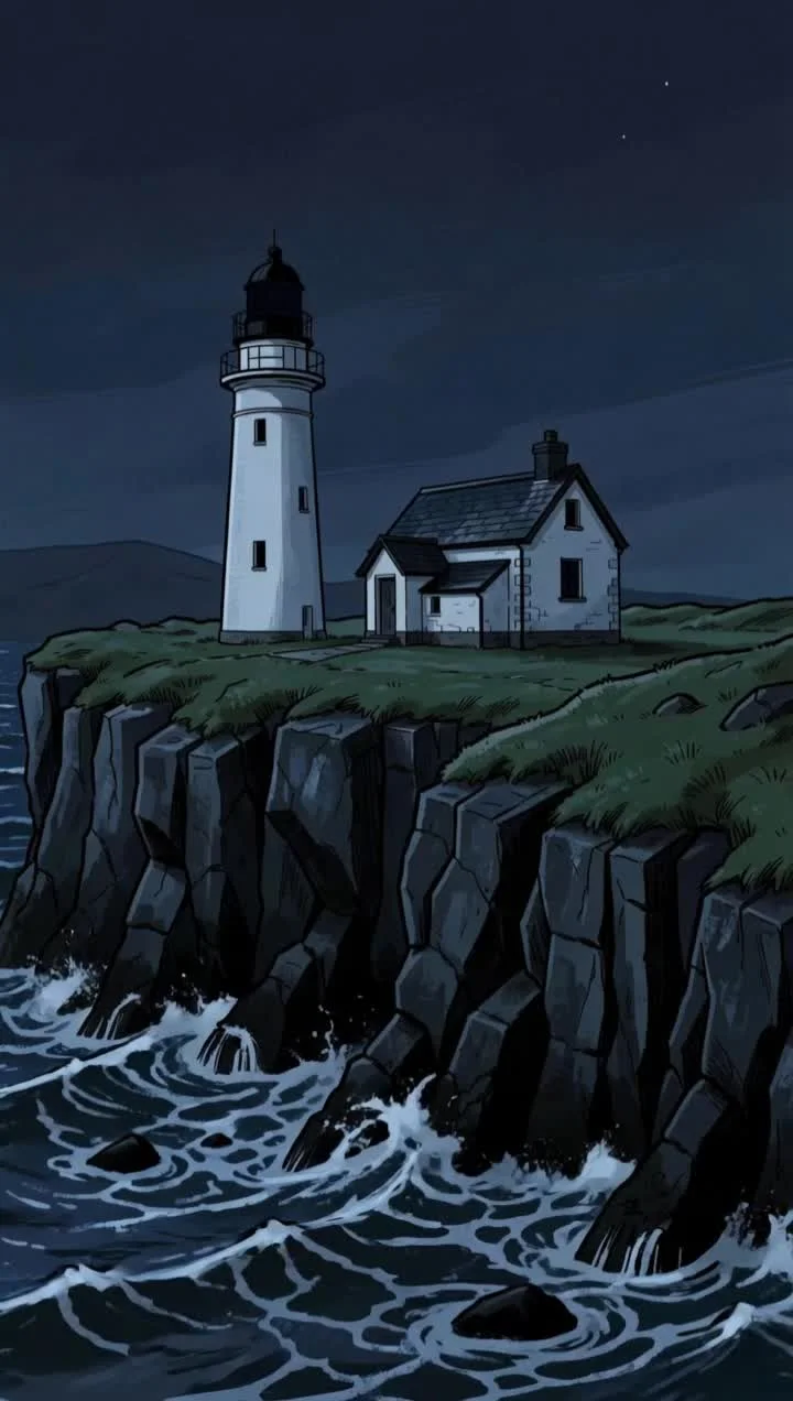 An illustrated lighthouse above a dark Atlantic coast