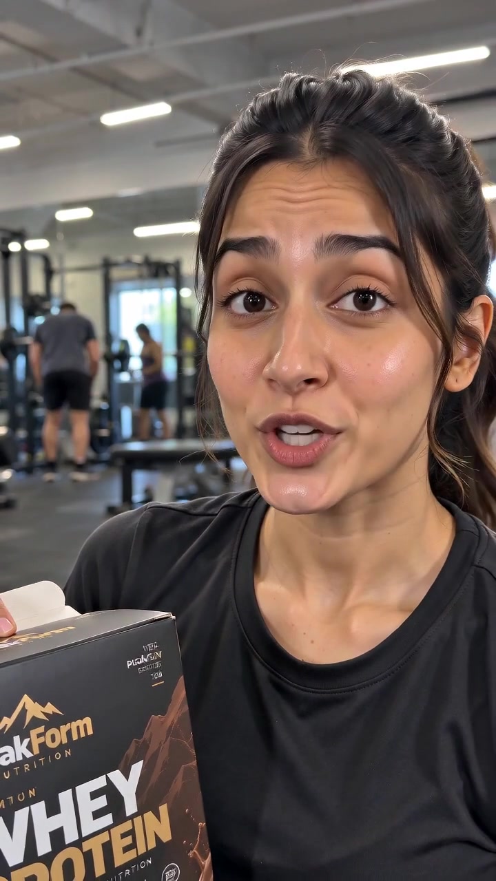 A creator reviews PeakForm chocolate whey in a gym