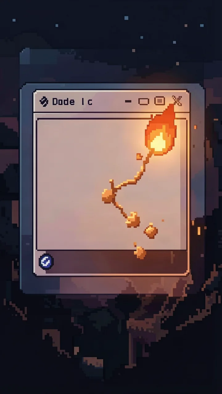 An amber pixel-art spark travelling out of a screen