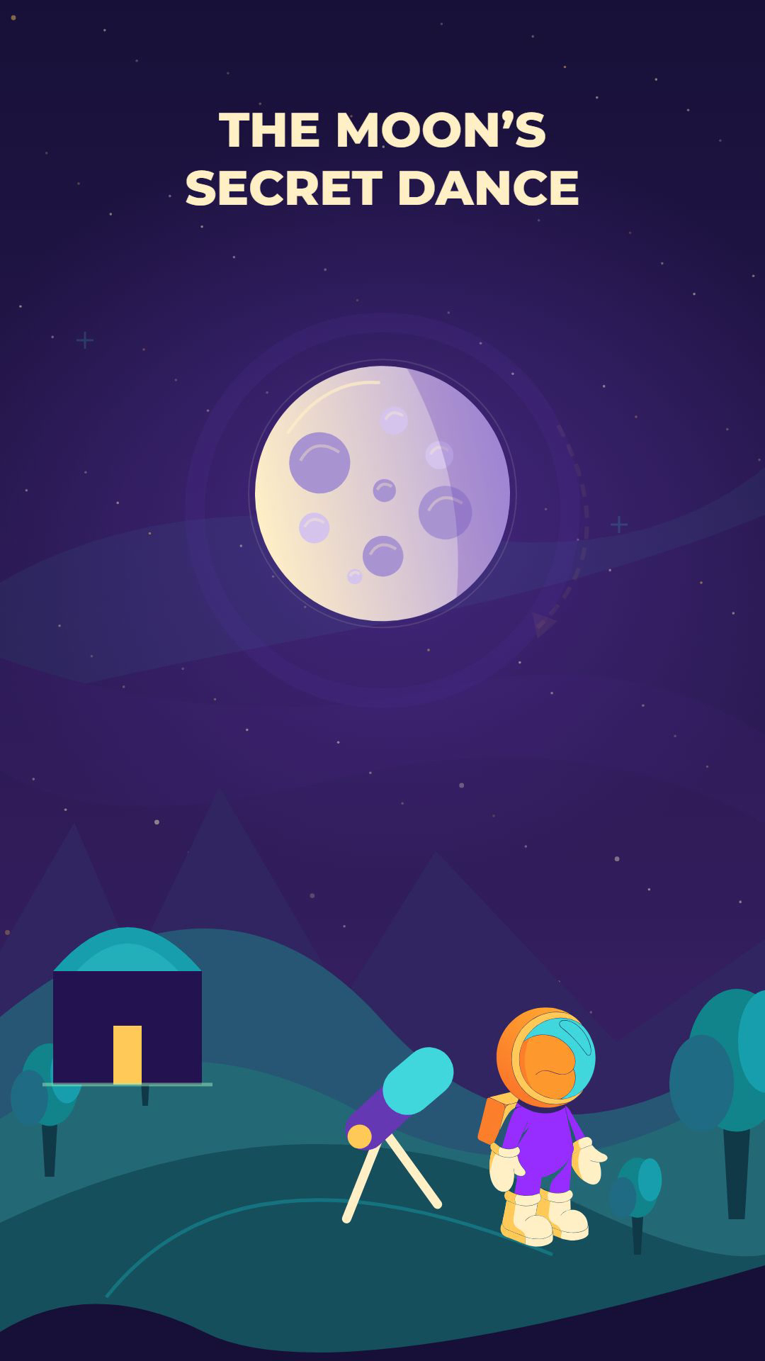 Illustrated moon and explorer beneath the title The Moon’s Secret Dance